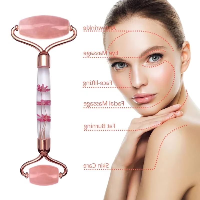 Jade Roller Gua Sha - أداة تدليك الوجه بحجر الكوارتز الوردي
